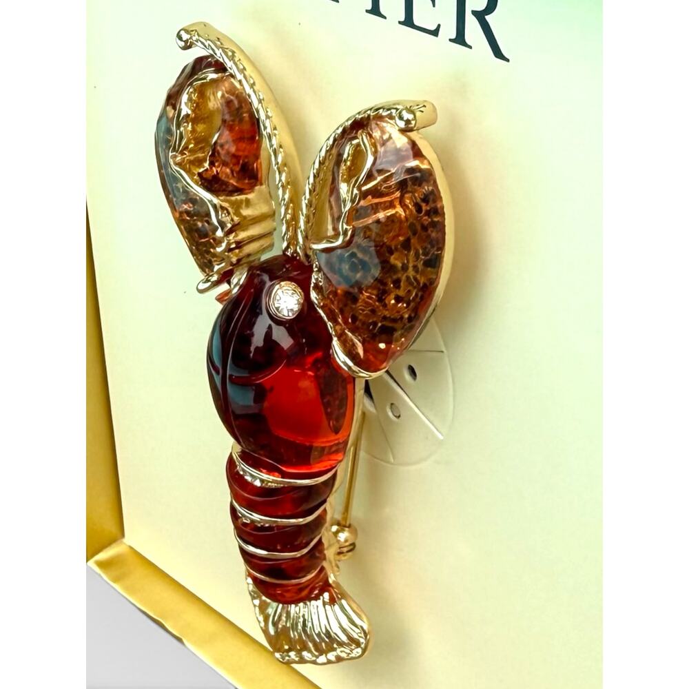 NIB NAPIER Red Glass Lobster Brooch Pin Gold Tone in Box Coastal Maine Elevated - Picture 4 of 5